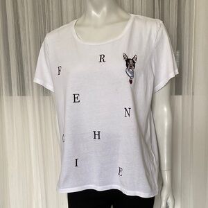 H&M 100% Cotton White Graphic Embroidery Words & Frenchie Dog T-Shirt Size L